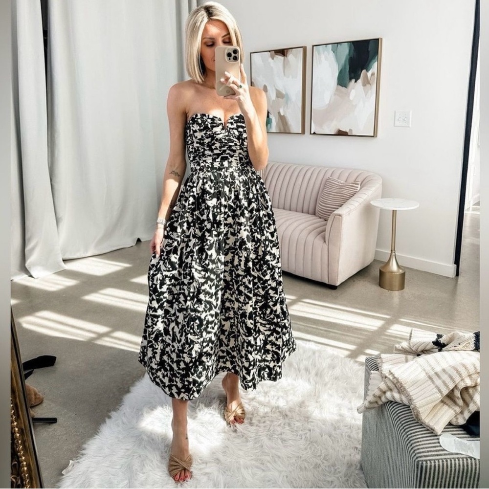 H&M Printed Bandeau Strapless Black White Ecru Dress NWT